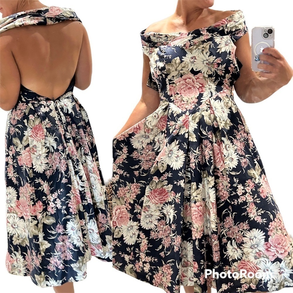 Vintage 80s laura Ashley navy pink cream cottage core floral halter dress 6